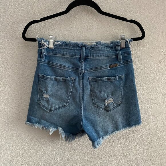 KanCan High Rise Raw Hem Denim Shorts Size 27 Distressed Medium Wash Boho - Picture 2 of 4